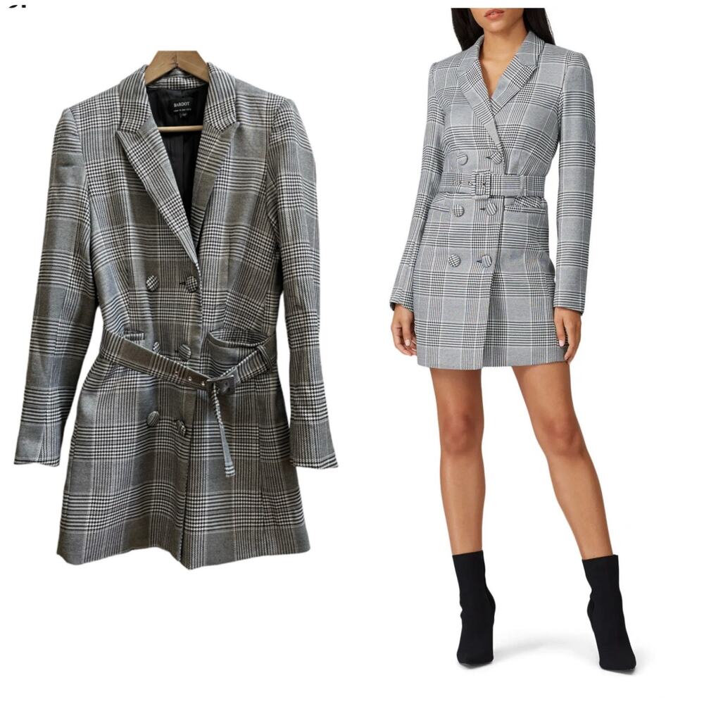 Bardot Ella Plaid Double Breasted Pocket Belted Mini Blazer Dress Size Small
